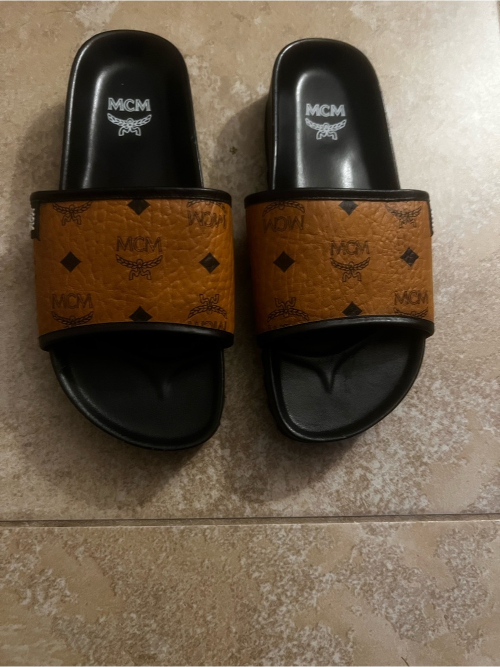 MCM Men's Cognac Brown Logo Slide Sandals with Black Footbed
